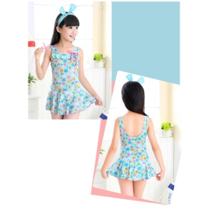 Costum de baie intreg pentru fetite, body cu fustita, model chic elegant, tematica stelute jucause, albastru - Img 4