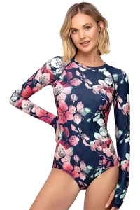 Costum de baie, o piesa, model confortabil, imprimeu floral, maneci lungi prindere pe un deget, chilot decupaj clasic, tematica summer chill multicolor