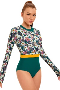 Costum de baie, o piesa, model confortabil, maneca lunga cu sustinere pe deget, ideal pentru sporturi de apa, tematica active summer verde - Img 3
