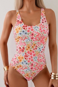 Costum de baie, o piesa, model delicat, prindere la spate metalica si chilot decupaj clasic, imprimeu floral, tematica romatic summer roz multicolor - Img 4