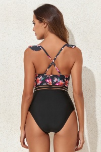 Costum de baie, o piesa, model elegant cu detaliu de subtiere a taliei, bretele cu volans si chilot decupaj clasic, tematica summer vibe negru cu rosu - Img 2