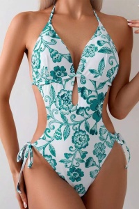Costum de baie, o piesa, model provocator, prindere dupa gat, spate gol, chilot decupaj clasic croi ingust reglabil, tematica feeling sexy verde - Img 4
