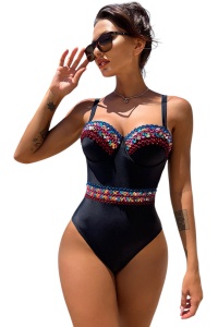 Costum de baie, o piesa, model special, aplicatii colorate, bretele reglabile, chilot decupaj clasic croi ingust, tematica elegant summer negru