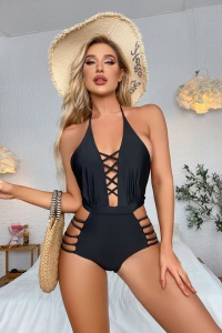 Costum de baie, o piesa, model super sexy, coapse dezgolite, decolteu adanc tip corset, spate gol, tematica feeling confident negru - Img 4