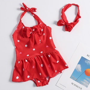 Costum de baie pentru fetite, accesorizat cu bentita elastica, prindere reglabila dupa gat, model body tip fustita, tematica buline vesele, rosu - Img 4