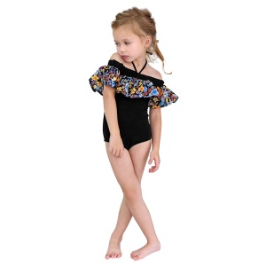 Costum de baie pentru fetite, prindere reglabila dupa gat, model chic elegant, tematica florala, cordon asortat, negru