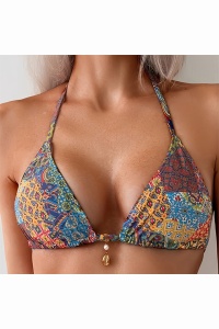 Costum de baie, set 2 piese, model clasic senzual, sutien cupe triunghiulare si chilot decupaj clasic reglabil, tematica happy summer days multicolor - Img 4