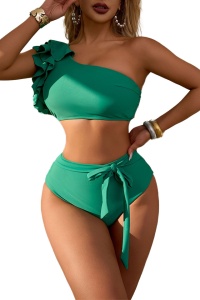 Costum de baie, set 2 piese, model elegant, sutien tip bustiera prindere pe un umar si chilot decupaj clasic talie inalta, tematica cool vibe verde