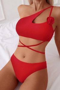 Costum de baie, set 2 piese, model incitant, sutien tip bustiera prindere crossbody si chilot decupaj clasic, tematica feeling hot rosu - Img 3