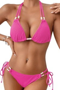 Costum de baie, set 2 piese, model jucaus, sutien cupe triunghiulare si chilot decupaj clasic croi ingust, accesorii delicate, tematica summer vibe roz