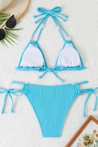 Costum de baie, set 2 piese, model jucaus, sutien cupe triunghiulare si chilot decupaj clasic croi ingust, accesorii delicate, tematica summer vibe albastru deschis - Img 2