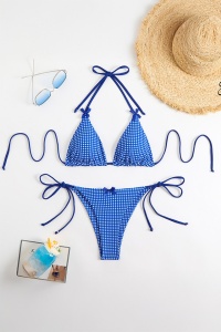 Costum de baie, set 2 piese, model minimalist cu fundite, sutien cupe triunghiulare si chilot decupaj clasic croi ingust, tematica sexy summer alb cu albastru deschis - Img 3