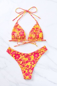 Costum de baie, set 2 piese, model minimalist cu imprimeu floral, sutien cupe triunghiulare reglabil si chilot decupaj clasic croi ingust, tematica fantezie de vara galben cu roz - Img 2