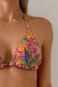 Costum de baie, set 2 piese, model minimalist, imprimeu floral, sutien cupe triunghiulare reglabil si chilot decupaj clasic croi ingust, tematica jungle flowers multicolor - Img 4