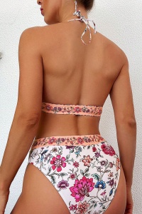 Costum de baie, set 2 piese, model vesel incitant, sutien cupe triunghiulare si chilot talie inalta coapsa dezgolita, tematica happy summer days bej multicolor - Img 2