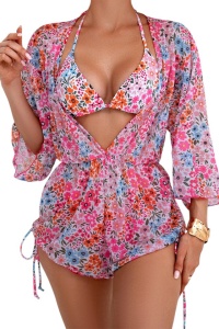 Costum de baie, set 3 piese, model cute senzual cu floricele, sutien minimalist cupe triunghiulare, chilot decupaj clasic croi ingust si cover cu pantalonasi scurti reglabil, tematica love summer vibe roz multicolor