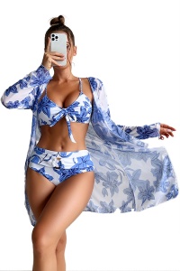 Costum de baie, set 3 piese, model incitant, sutien tip bustiera, chilot talie inalta si cover cu maneci lungi asortat, tematica summer queen alb cu albastru