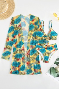 Costum de baie, set 3 piese, model incitant, sutien tip bustiera, chilot talie inalta si cover cu maneci lungi asortat, tematica summer queen multicolor - Img 3