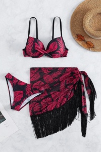 Costum de baie, set 3 piese, model provocator, sutien prindere reglabila, chilot decupaj clasic si cover tip fusta cu franjuri, tematica fantezie de vara negru cu rosu - Img 3
