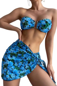 Costum de baie, set 3 piese, model vesel si versatil, sutien cu accesoriu, chilot decupaj clasic si cover tip fusta scurta, tematica summer vibe albastru
