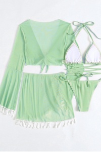 Costum de baie, set 4 piese, model vesel jucaus, accesorii ciucurei, sutien prindere crossbody, chilot decupaj clasic croi ingust, top scurt maneci lungi si fusta scurta semitransparenta, tematica beach party mood verde - Img 4