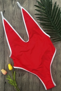 Costum de baie sexy dama, o piesa, rosu, chiloti brazilian, decolteu adanc in V, spate gol - Img 3