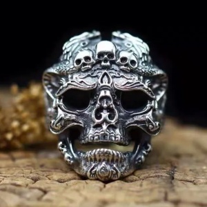 Inel gotic, model shaman demonic, tematica aztec demon evil god, marime universala, unisex, argintiu, - Img 4
