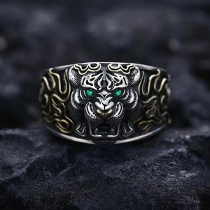 Inel tribal, model tigru fioros, tematica wildlife predator, marime universala, reglabil, unisex, argintiu, - Img 4