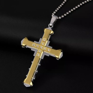 Lant cu pandantiv cruce, auriu cu cristale semipretioase, unisex - Img 2