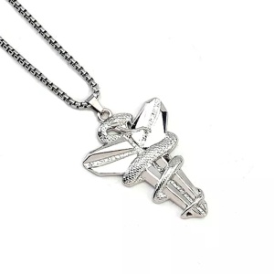 Lant cu pandantiv cruce cu sarpe, unisex, argintiu,