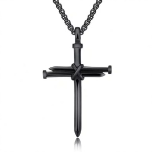 Lant cu pandantiv cruce, model cross, negru, unisex