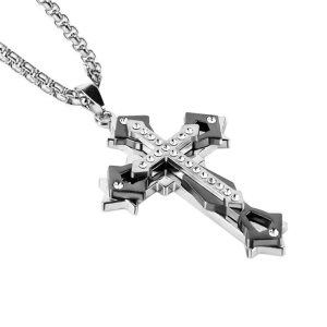 Lant cu pandantiv cruce, model dominator, insertie neagra cu cristale semipretioase, unisex