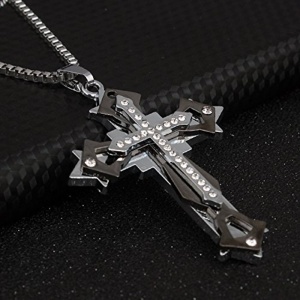 Lant cu pandantiv cruce, model dominator, insertie neagra cu cristale semipretioase, unisex - Img 3