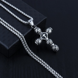 Lant cu pandantiv cruce, model holy cross, M1 forma cilindrica toteme, unisex, argintiu, - Img 4