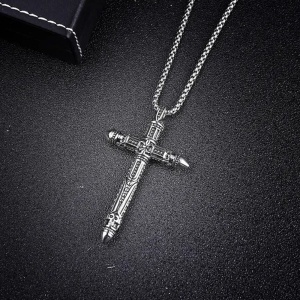 Lant cu pandantiv cruce, model holy cross, M4 stil aztec, unisex, argintiu antichizat, - Img 3
