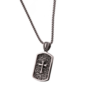Lant cu pandantiv cruce, model shield cross, tematica religioasa, unisex, argintiu,