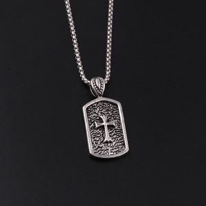 Lant cu pandantiv cruce, model shield cross, tematica religioasa, unisex, argintiu, - Img 2