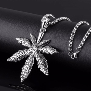 Lant cu pandantiv model marijuana, unisex, argintiu inchis, - Img 2
