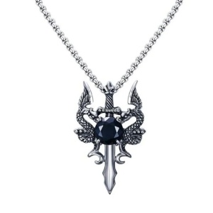 Lant cu pandantiv sabie si dragoni, model cu cristal si cresta de familie, tematica peace and war, unisex, argintiu,