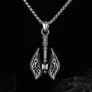 Lant cu pandantiv topor, model angel wing, unisex, argintiu inchis, - Img 4