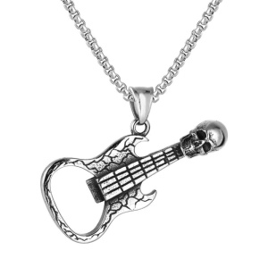 Lant cu tematica rock on music, pandantiv chitara M2 cu cap de schelet, unisex, argintiu,