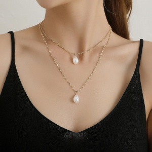 Lant dama, model dublat cu pandantiv margele, delicat, tematica I love pearls, auriu - Img 4