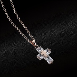 Lant dama, pandantiv cruce din cristal, model minimalist elegant, reblagil, rose gold - Img 2