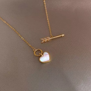 Lant dama, pandantiv inima si sageata cupidon, cristale semipretioase, auriu - Img 2