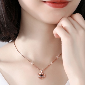 Lant dama, pandantiv inimioara cu cristale si text te iubesc in 100 de limbi, model fashion elegant, tematica forever love, reglabil, rose gold - Img 2