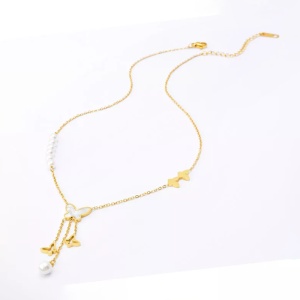 Lant dama, pandantive fluturi, accesorii perlute, auriu - Img 4
