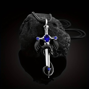 Lant gotic cu pandantiv sabie si dragon, model mitologic fantasy, tematica dragon slayer, unisex, albastru, - Img 2