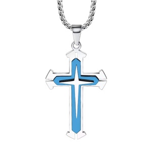 Lant minimalist, cu pandantiv cruce stil modernist, model new age, unisex, albastru,