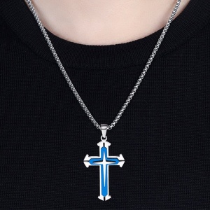 Lant minimalist, cu pandantiv cruce stil modernist, model new age, unisex, albastru, - Img 2