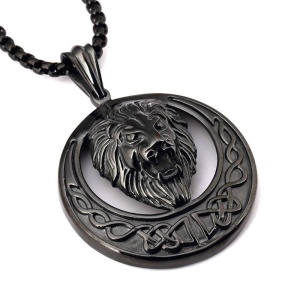 Lant, model lion king cu blazon, pandantiv cap de leu regal, unisex, negru,